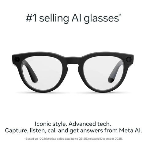 Front view of black Gen 2 Headliner Smart AI Glasses with 3K Ultra HD Video, 12 MP Ultra Wide Camera, Clear Lenses.
