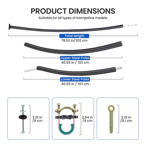 Six Pack Curved Trampoline Replacement Poles Thick Galvanized Steel Upgrades Fit 8 To 16 Foot Backyard Bouncers product dimensions illustration.