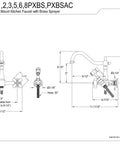 Technical diagram of Heritage Wall Mount Kitchen Faucet 8 Inch Spread Polished Chrome, includes dimensions and side sprayer.
