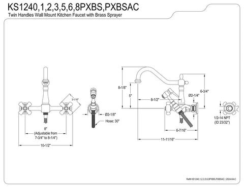 Technical diagram of Heritage Wall Mount Kitchen Faucet 8 Inch Spread Polished Chrome, includes dimensions and side sprayer.