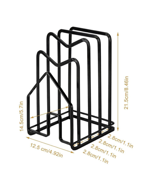 Compact Cutting Board Rack Organizer For Kitchen Countertop And Lids Flat Steel Stand dimensions in inches and centimeters