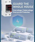 Adjustable Voltage Protector For 110V 220V Setups With Undervoltage 70-200V And Overvoltage 140-300V Cutoff 1-63A Overcurrent Protection Smart Circuit Breaker AC Disconnect DIN Rail Mount 12 Presets shown with home setup illustration.