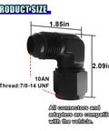 2 Pack 10AN Female To Male Flare 90 Degree Elbow Swivel Fitting Adapter With 7 8 14 UNF Threads For AN10 Fluid Lines Easy Install And Tight Seal High Pressure Rated Automotive And Performance Fluid System Compatible black 90 degree AN10 fitting, 7/8-14 UNF, 1.85in x 2.09in