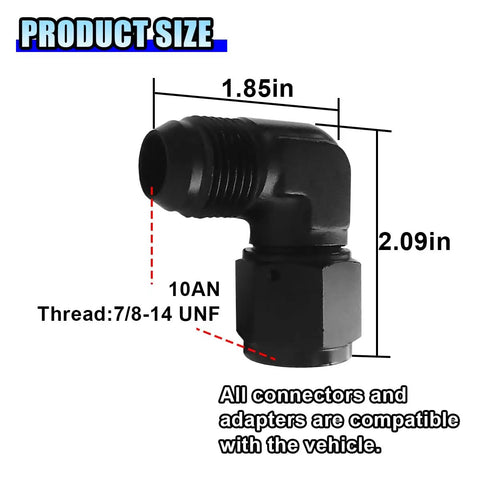 2 Pack 10AN Female To Male Flare 90 Degree Elbow Swivel Fitting Adapter With 7 8 14 UNF Threads For AN10 Fluid Lines Easy Install And Tight Seal High Pressure Rated Automotive And Performance Fluid System Compatible black 90 degree AN10 fitting, 7/8-14 UNF, 1.85in x 2.09in