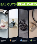 Straight Up Powerhouse Desktop 5 Axis CNC Milling Machine Equipped With Automatic Tool Changer For Heavy Duty Metal Plastic And Resin Carving Inside A Tight Compact Benchtop Workstation displaying medical, prototype, crafted items, and jewelry.