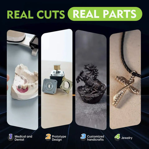 Straight Up Powerhouse Desktop 5 Axis CNC Milling Machine Equipped With Automatic Tool Changer For Heavy Duty Metal Plastic And Resin Carving Inside A Tight Compact Benchtop Workstation displaying medical, prototype, crafted items, and jewelry.