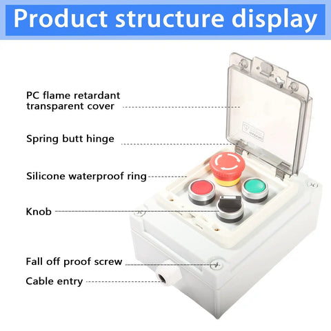 IP67 Waterproof Push Button Switch Box with Emergency Stop and Start Rotary Buttons, open cover, labeled parts
