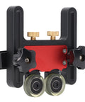 Adjustable Table Saw Featherboard With Smooth Rolling Wheels For Woodworking Safety And Precise Cutting Tight Grip That Locks Boards Straight Real Stability For Carpentry And Diy Builds On The Regular, featuring black and red design with PU wheels.