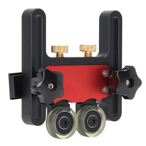 Adjustable Table Saw Featherboard With Smooth Rolling Wheels For Woodworking Safety And Precise Cutting Tight Grip That Locks Boards Straight Real Stability For Carpentry And Diy Builds On The Regular, featuring black and red design with PU wheels.