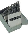 High-Speed Steel Drill Bit Set, 29-Piece Jobber Length, Inch Sizes From One Sixteenth To One Half Inch Increments, Black Oxide Finish, 118 Degree Conventional Point, Metal Case, 150 Series, Pro Grade For Ferrous Metals displayed in open metal case.