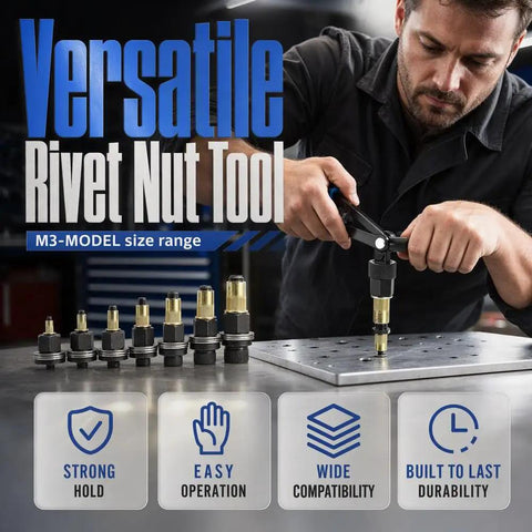 Rivet Nut Tool Kit M3 To M10 With 180 Nuts For Quick Metal Repair In The Shop Grab And Go Wrench Or Drill Heads Included For Fast Installations And Tidy Organized Set, man installing rivet nut on metal sheet