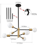 Diagram of Dope Modern Sputnik 6 Light Chandelier With Adjustable Height In Black And Gold Finish showing dimensions and adjustable rods.