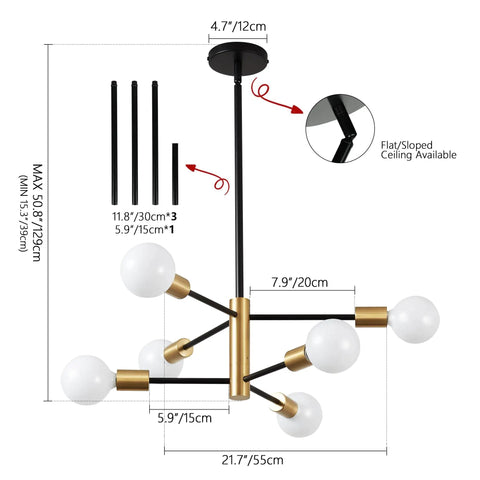 Diagram of Dope Modern Sputnik 6 Light Chandelier With Adjustable Height In Black And Gold Finish showing dimensions and adjustable rods.