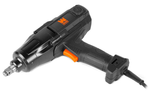 No Hassle 7.5 Amp Corded Impact Wrench With 1/2 Inch Hog Ring Anvil close-up view showing textured grip and power button.