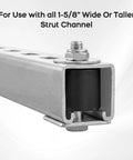 Close-up of LookFox Unistrut trolley limit for 1-5/8 in channel; silver metal U-channel housing with roller wheel