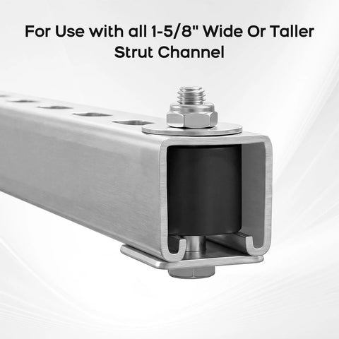 Close-up of LookFox Unistrut trolley limit for 1-5/8 in channel; silver metal U-channel housing with roller wheel