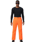 Model wearing Men's Insulated Snow Pants Waterproof Ski Trousers For Winter Hiking With Leg Zippers And Zippered Pockets in orange size S