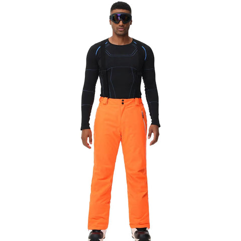 Model wearing Men's Insulated Snow Pants Waterproof Ski Trousers For Winter Hiking With Leg Zippers And Zippered Pockets in orange size S