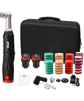 Cordless Mini Car Polisher 12V Micro Random Orbital Buffer with accessories including pads, batteries, and carrying case.