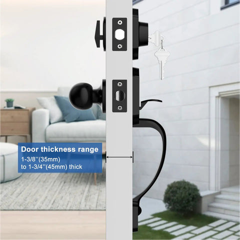 Side view of Black Front Door Knob And Deadbolt Set With Reversible Handle Traditional Single Cylinder Exterior Door Lock, showing door thickness adjustment.