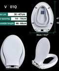 No Sweat Soft Close Square Toilet Seat With Built In Toddler Training Contour, measurements displayed and features highlighted.
