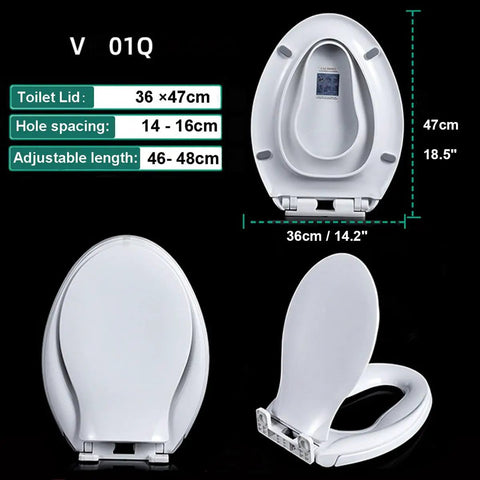No Sweat Soft Close Square Toilet Seat With Built In Toddler Training Contour, measurements displayed and features highlighted.