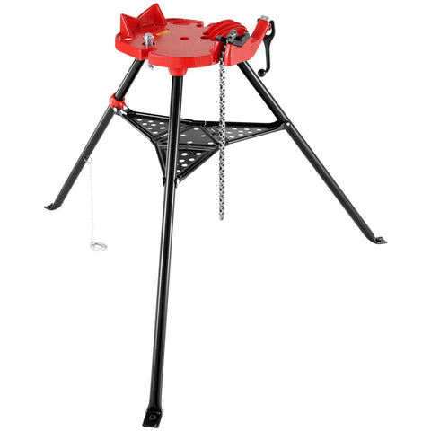 Tripod Pipe Stand With Chain Vise, Portable One Eighth To Six Inch Capacity with foldable steel legs and tool tray