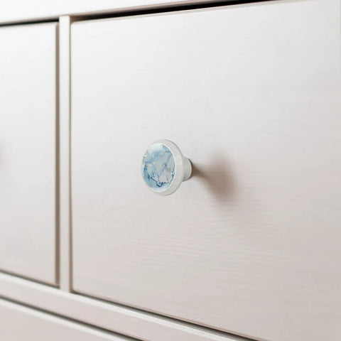 Four Pack Straight Up Stunning Marble Look Glass Cabinet Knobs With Light Blue Gold Texture Round Drawer Pulls For Kitchen Cupboards Dresser Doors A Total Vibe Upgrade on white drawers.
