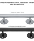Iron pipe handles featuring matte black and silver finishes with two-layer weather-resistant coatings for durability.