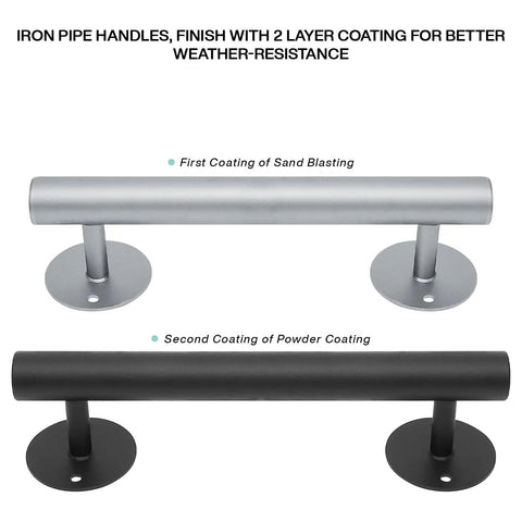 Iron pipe handles featuring matte black and silver finishes with two-layer weather-resistant coatings for durability.