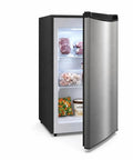 3.1 Cu Ft Upright Freezer With Sleek Stainless Steel Finish, Single Door Freestanding Design Saves Space, Mechanical Thermostat Keeps Things Chilled, Adjustable Shelves Make Organization A Breeze, Perfect For Loading Up On Meat And Ice Cream with food items inside.