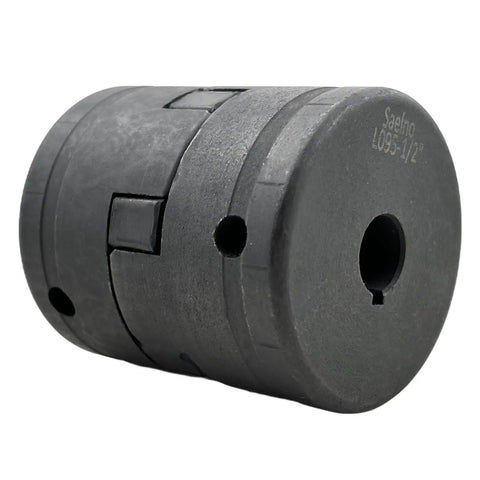 Beefy L-Jaw Coupling Set Flexible 3-Piece, Bore Range 1/2 Inch To 3/4 Inch, Rubber Spider Included, Dual Set Screws, For Log Wood Splitter, Multi Flex L095 Series, HT250 Cast Iron, Corrosion Resistant Drive Shaft Coupler, close-up