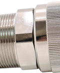 Close-up of a 1-inch NPT fuel swivel connector showcasing its durable brass construction and 360-degree rotation capability.