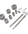Super Tough Concrete Hole Saw Kit With 7 Pieces Ranging From 30 To 110mm Including Heavy Duty Tungsten Steel Carbide Cutters Plus Three Long Connecting Rods For Electric Hammer Drilling And Smart Dust Removal Vents. 7-piece concrete hole saw set with cutters and rods