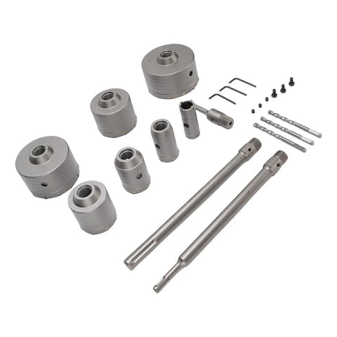 Super Tough Concrete Hole Saw Kit With 7 Pieces Ranging From 30 To 110mm Including Heavy Duty Tungsten Steel Carbide Cutters Plus Three Long Connecting Rods For Electric Hammer Drilling And Smart Dust Removal Vents. 7-piece concrete hole saw set with cutters and rods