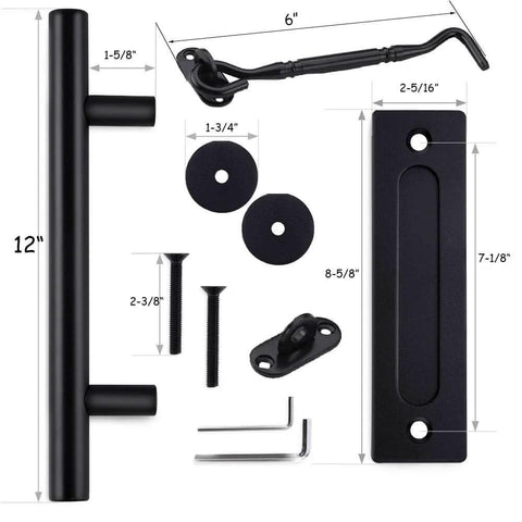 12 Inch Black Barn Door Handle With Latch Set, Heavy Duty Solid Carbon Steel Gate Pull, Rust-Resistant Powder Coat, Hardware Kit