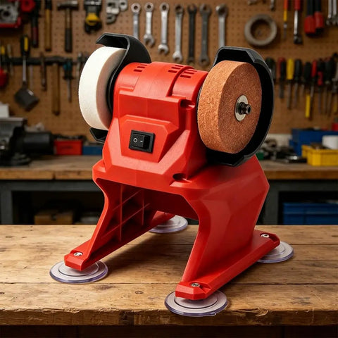 Badass Performance Compact 21V Cordless Bench Grinder With Coarse Plus Fine Dual Wheels, red, on workbench with tools in background.