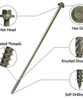 50 Pack Number 14 X 10 Hex Head Timber Screws Heavy Duty Exterior Deck Fasteners Self Drilling Tips showcasing hex head, serrated threads, knurled shoulder.