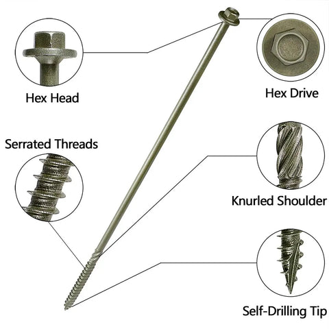 50 Pack Number 14 X 10 Hex Head Timber Screws Heavy Duty Exterior Deck Fasteners Self Drilling Tips showcasing hex head, serrated threads, knurled shoulder.