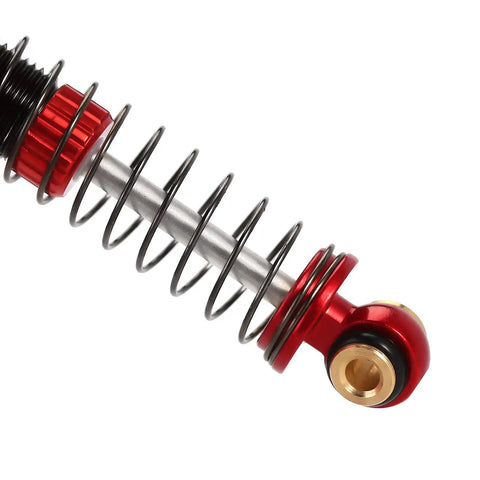 Close-up of Beefy 45mm Aluminum Threaded Shock Absorbers With Oil Dampers For FCX24 1/24 RC Crawler Upgrade in red.