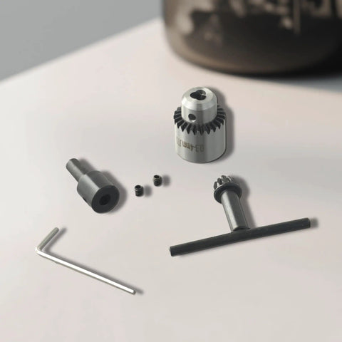 Mini Drill Chuck Set With Brass Shaft Coupling And Sleeve Adapters for precision micro-drilling in model making projects.
