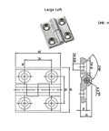 Heavy-duty 304 stainless steel hinge, large-left, 1 piece; front and side views with mounting holes and dimensions