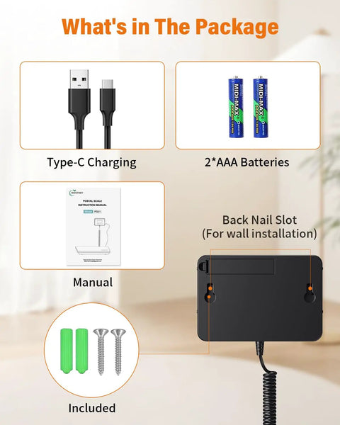 Image showing Type-C cable, two AAA batteries, manual, and mounting hardware included with Digital Shipping Scale Half Ounce To 440 Pound High Accuracy Postal Scale For Packages Luggage Mail And More A Must Have Workhorse For Home Office Small Business Warehouse Pet Food And Travel.