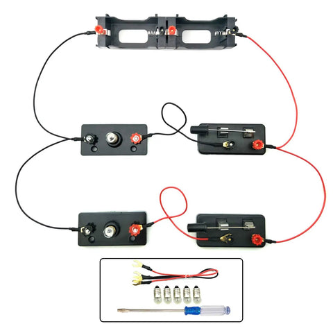 Basic Electricity Discovery Circuit Kit with D battery holders, bulb holders, wires, switches, and mini screwdriver set.