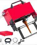 Portable Air Powered Engraver With Rock Solid Pneumatic Dot Peen Head For Sharp Metal Marking and Vin Engine Number Etching Featuring Durable Carbide Tips For Zero Hassle Pro Jobs Daily, red engraver with orange tip and accessories.
