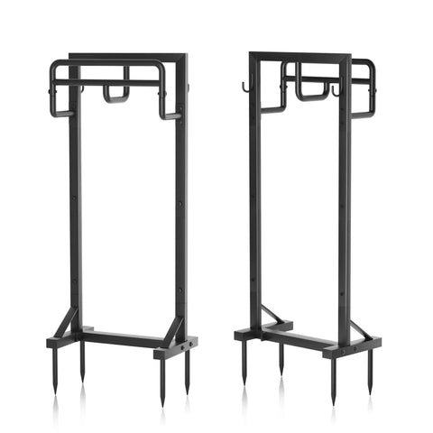 Heavy Duty Freestanding Garden Hose Holder With Stable Base And Tool Hooks, Rustproof Metal Hose Storage Stand For Up To 151 Feet Of Hose, Ideal For Outdoor Yard Lawn And Patio, Black Finish.