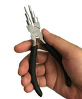 5.8 Inch Bail Making Pliers With Pro Grade DIY 6 Step Adjustable Jaw held in hand with anti slip grip