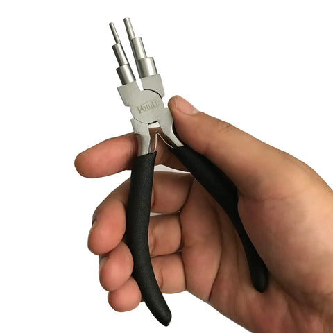 5.8 Inch Bail Making Pliers With Pro Grade DIY 6 Step Adjustable Jaw held in hand with anti slip grip