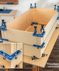 Clamp It Corner Woodworking Jig For 90 Degree Right Angle Cabinet Assembly Hands Free Pro Grade Panel Positioning shown in use on a wooden cabinet assembly