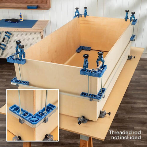 Clamp It Corner Woodworking Jig For 90 Degree Right Angle Cabinet Assembly Hands Free Pro Grade Panel Positioning shown in use on a wooden cabinet assembly